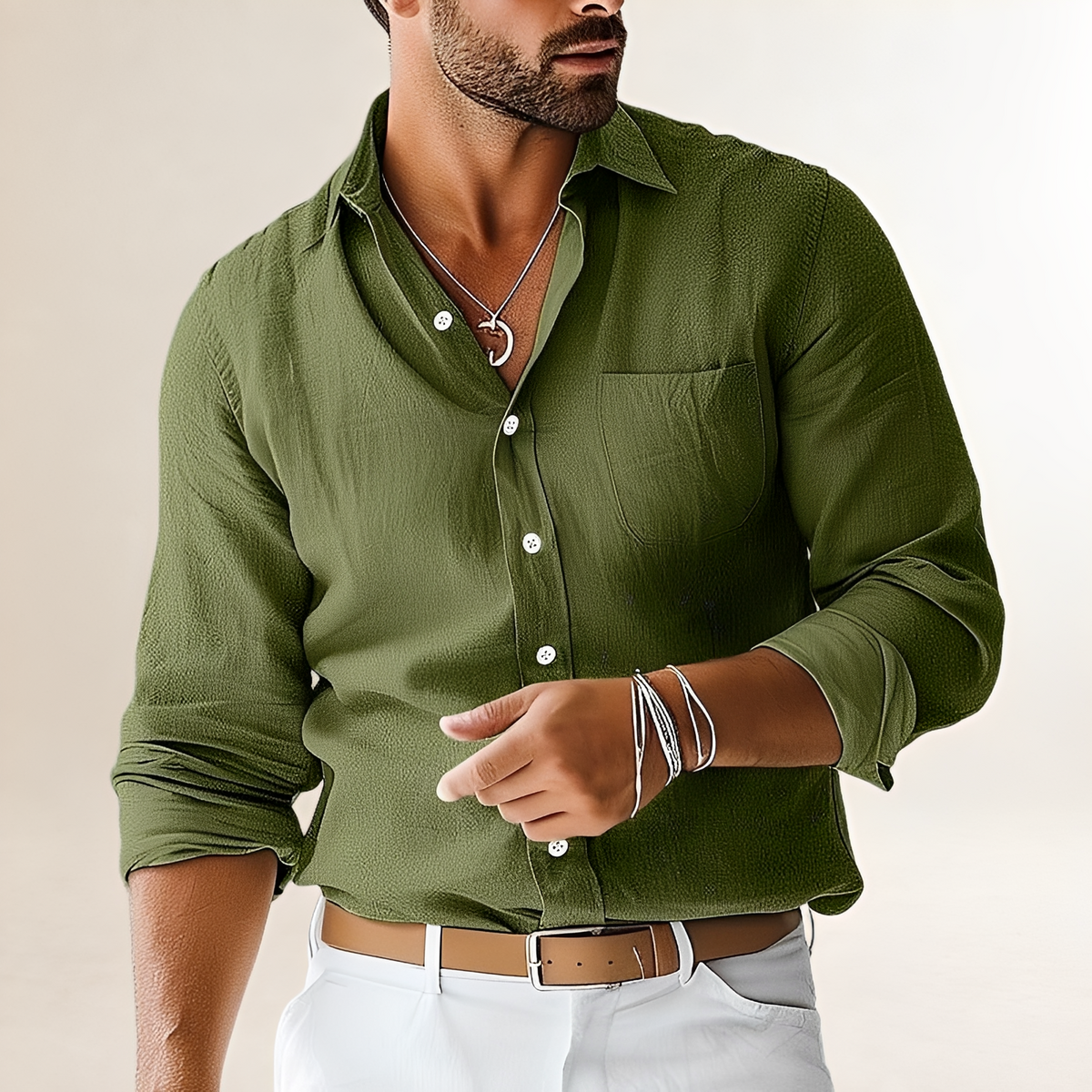 Camisa de hombre de manga larga con botones y bolsillo en el pecho