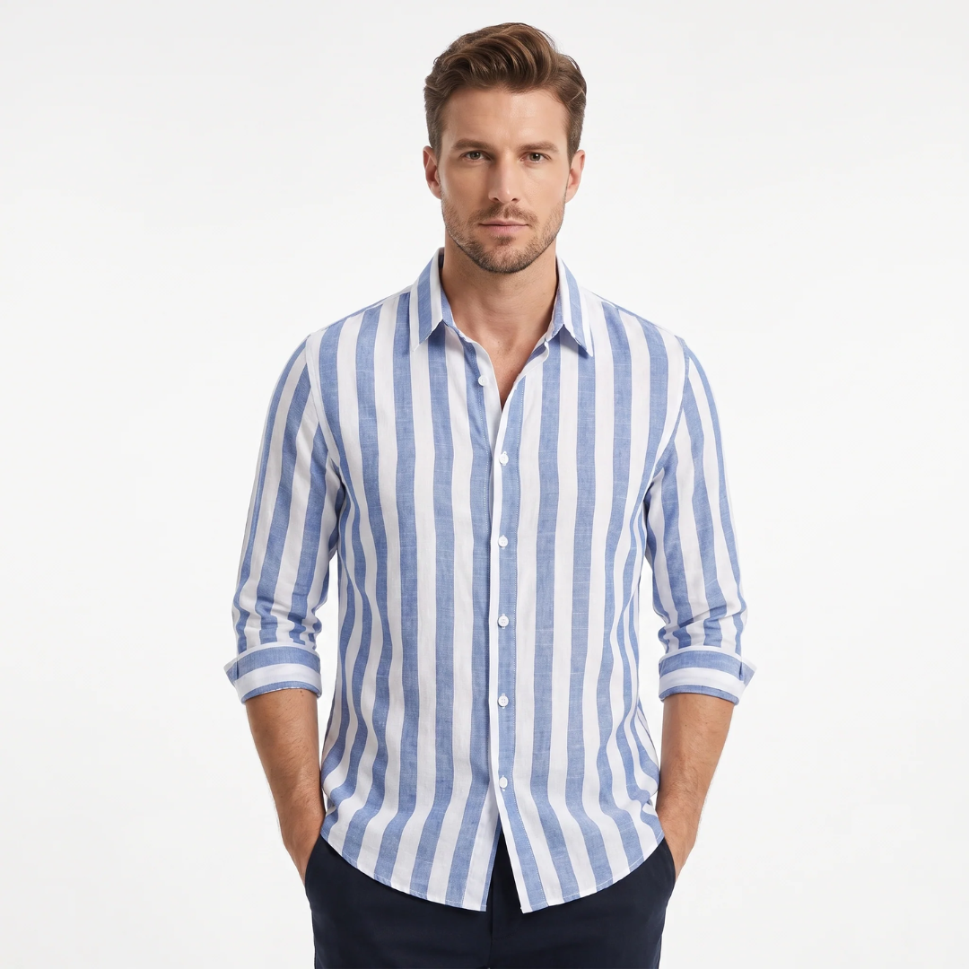 Camisa de hombre de manga larga con rayas verticales y cuello abrelatas