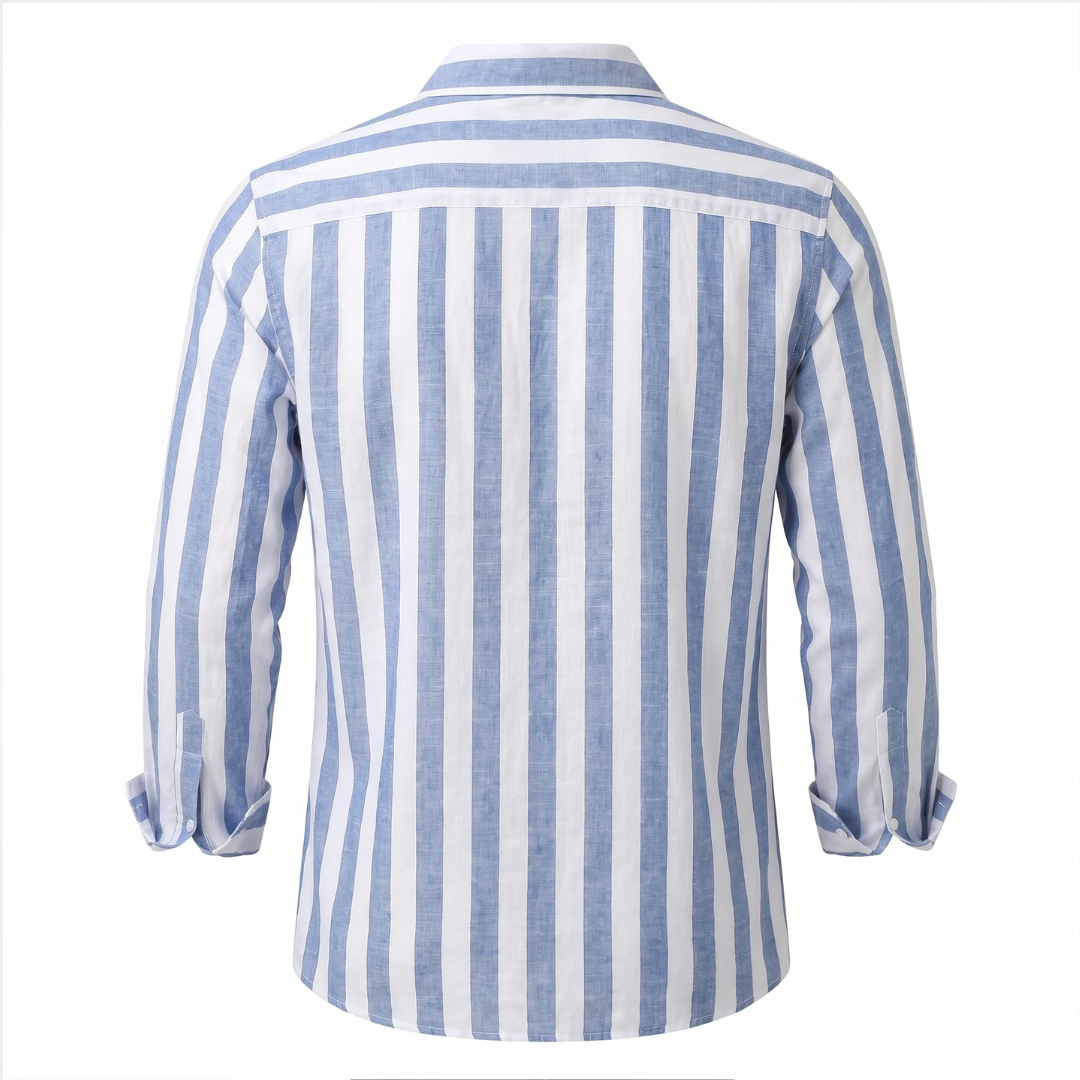 Camisa de hombre de manga larga con rayas verticales y cuello abrelatas
