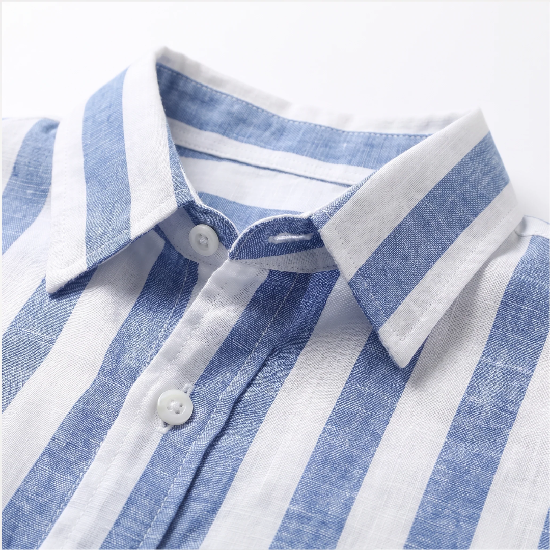Camisa de hombre de manga larga con rayas verticales y cuello abrelatas