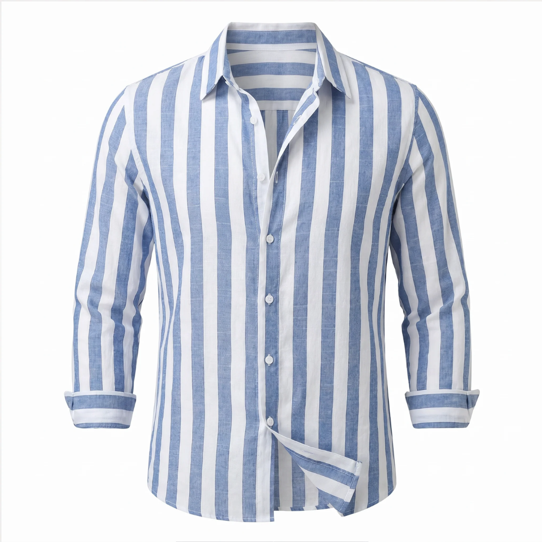 Camisa de hombre de manga larga con rayas verticales y cuello abrelatas