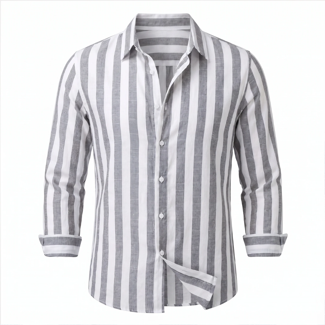 Camisa de hombre de manga larga con rayas verticales y cuello abrelatas