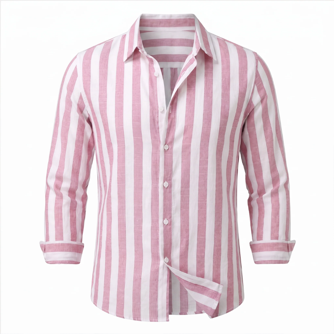 Camisa de hombre de manga larga con rayas verticales y cuello abrelatas