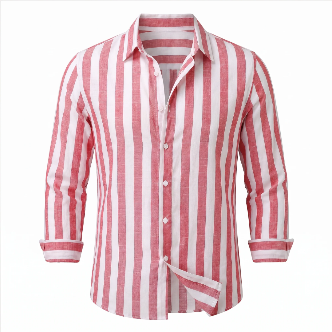 Camisa de hombre de manga larga con rayas verticales y cuello abrelatas