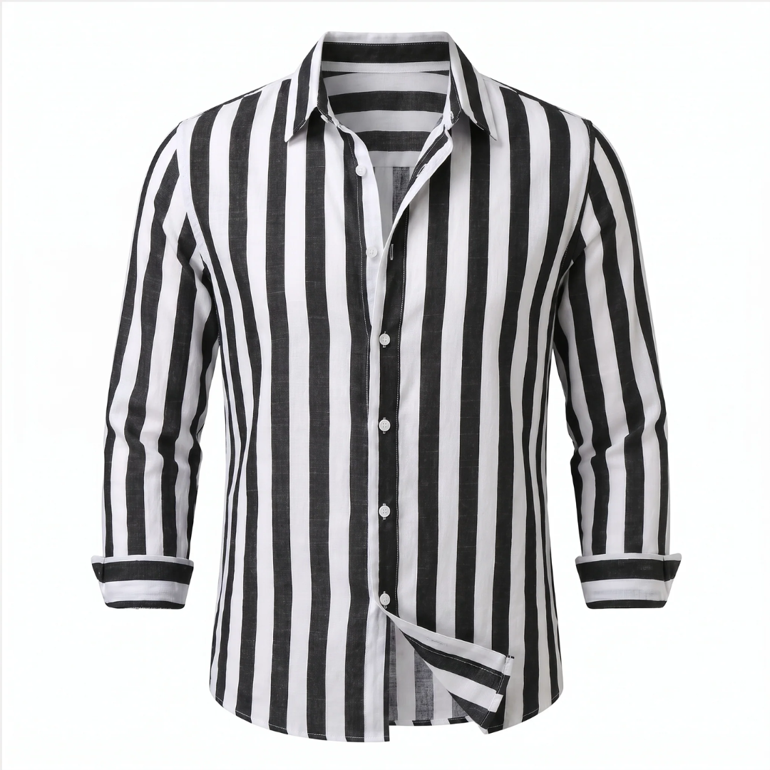Camisa de hombre de manga larga con rayas verticales y cuello abrelatas