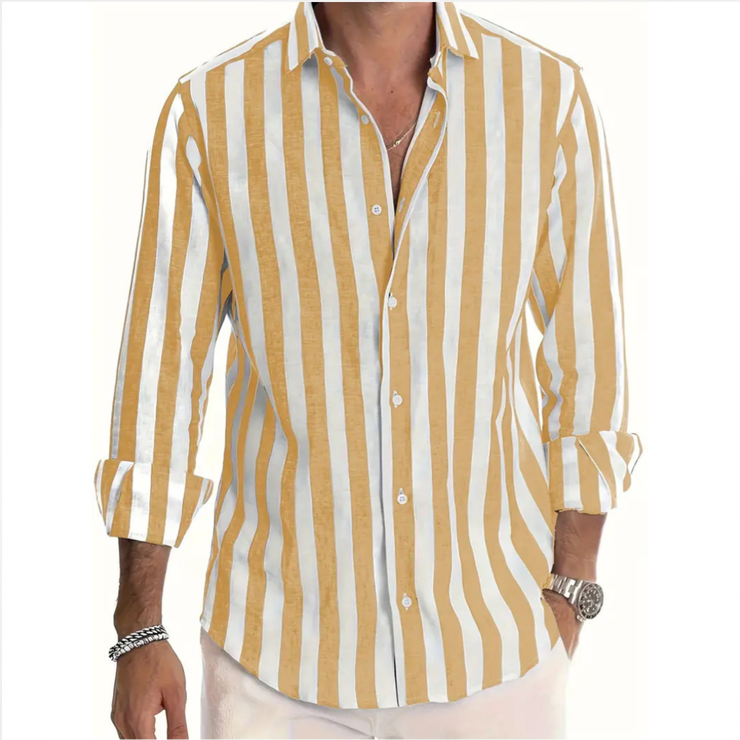 Camisa de hombre de manga larga con rayas verticales y cuello abrelatas