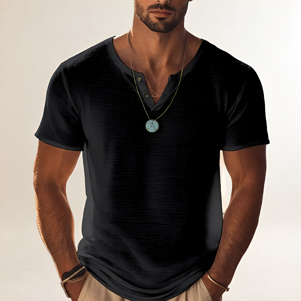 Camisa de hombre Henley de manga corta con escote en V y botones - acabado texturizado, corte relajado