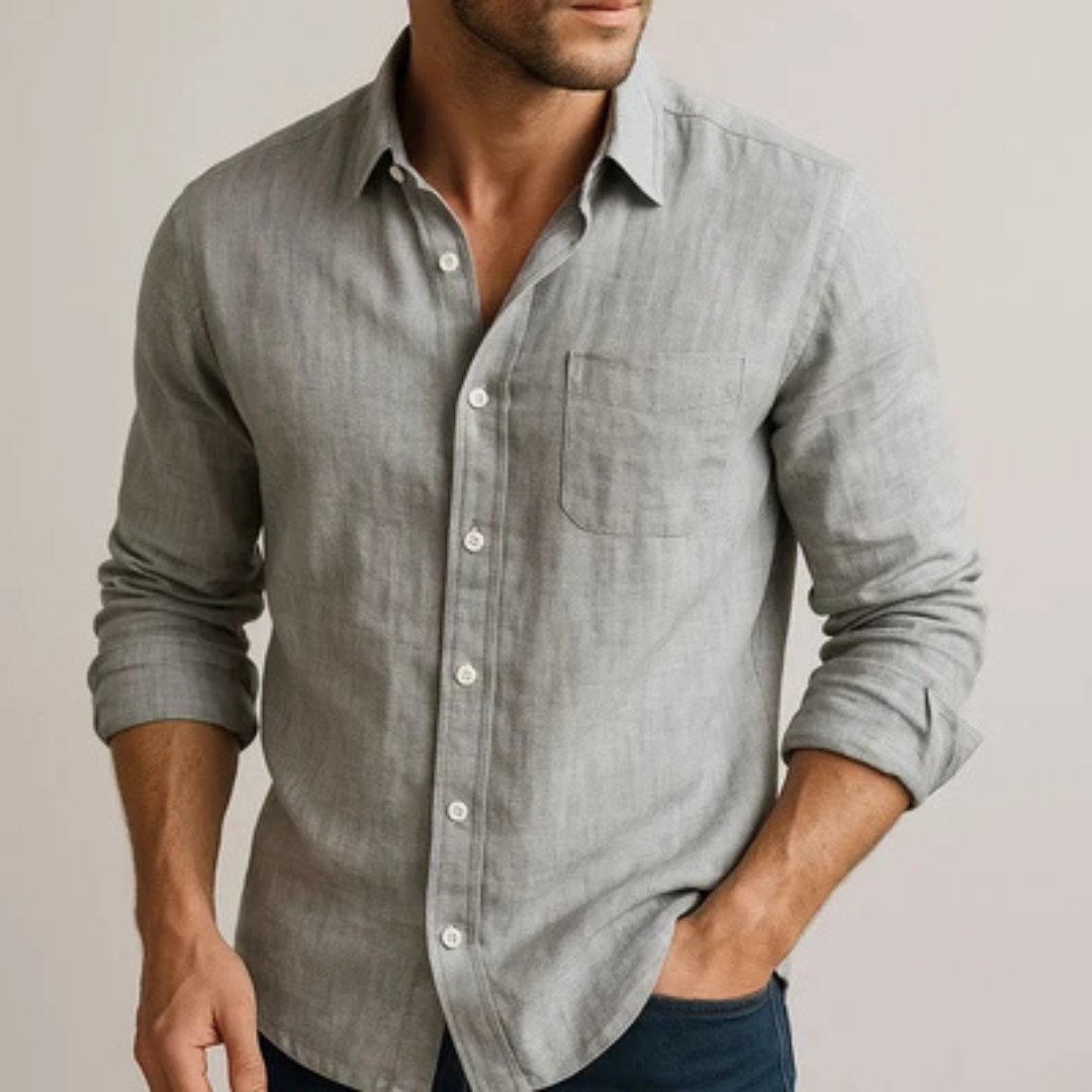 Camisa de hombre manga larga con botones frontales - cuello tipo spread - corte recto - dobladillo curvo