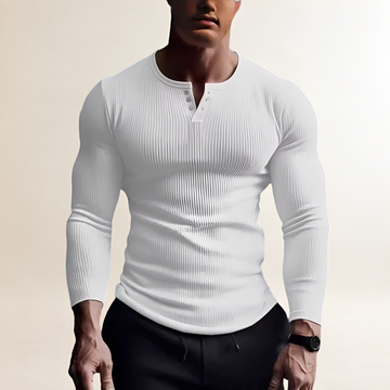 Camisa de manga larga para hombre con cuello redondo y cierre de botones, ajuste delgado, textura acanalada