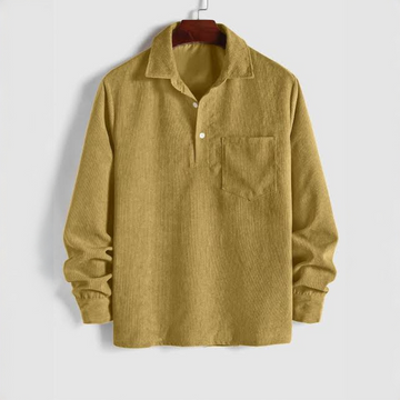 Camisa de manga larga para hombre con cuello puntiagudo y placket corto – sisa relajada, bolsillo en pechera