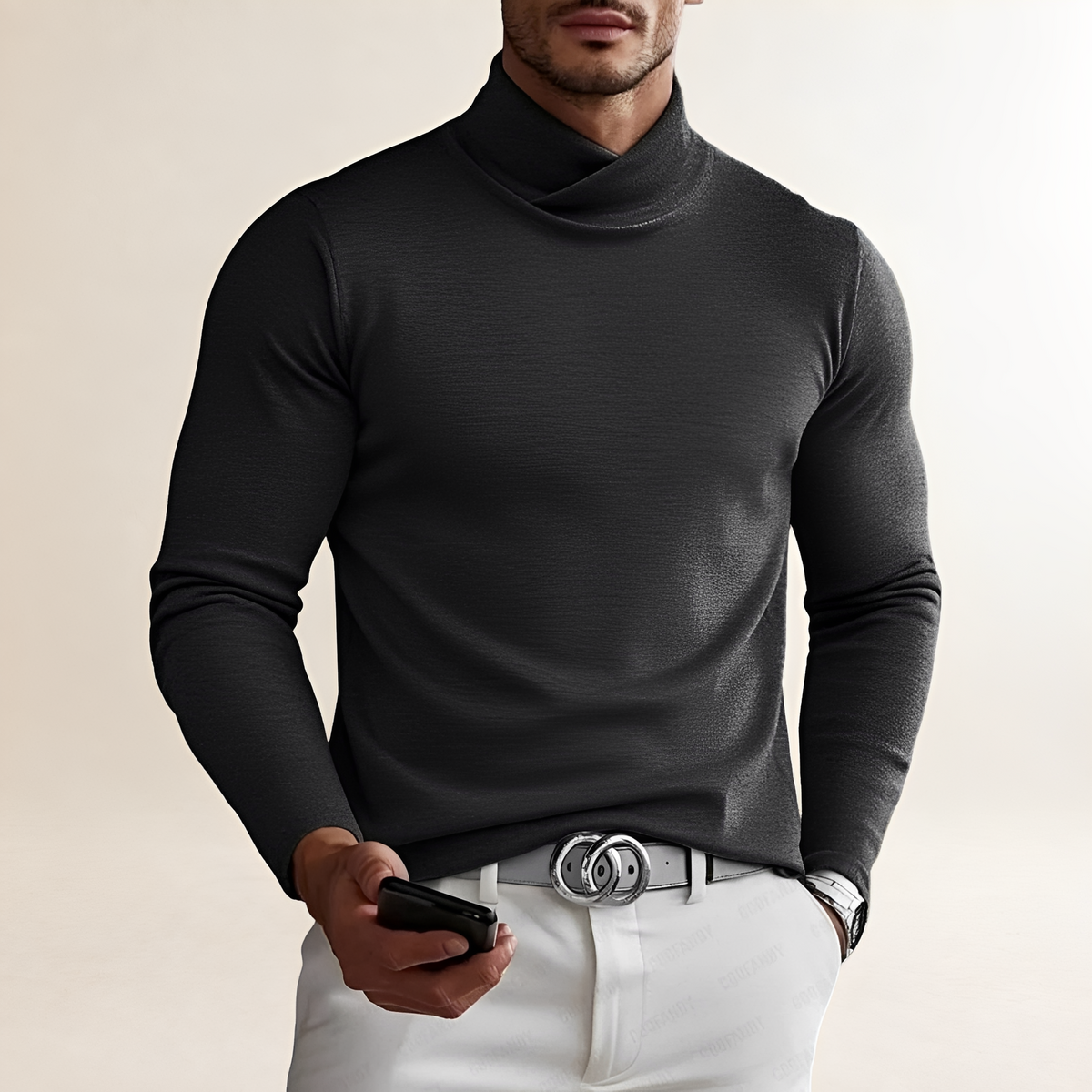 Camisa de manga larga para hombre con cuello tortuga y diseño cruzado ajustado