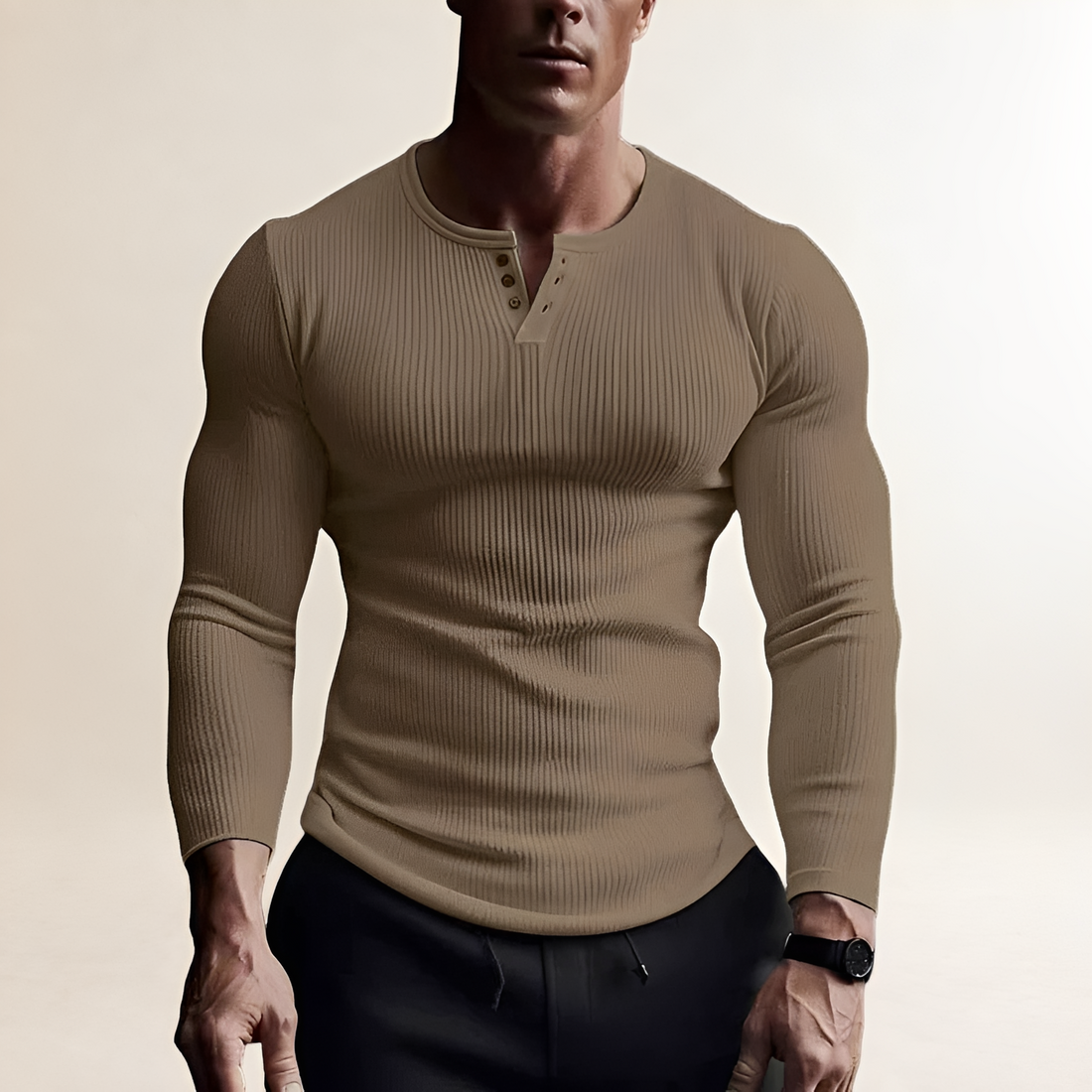 Camisa de manga larga para hombre con cuello redondo y cierre de botones, ajuste delgado, textura acanalada