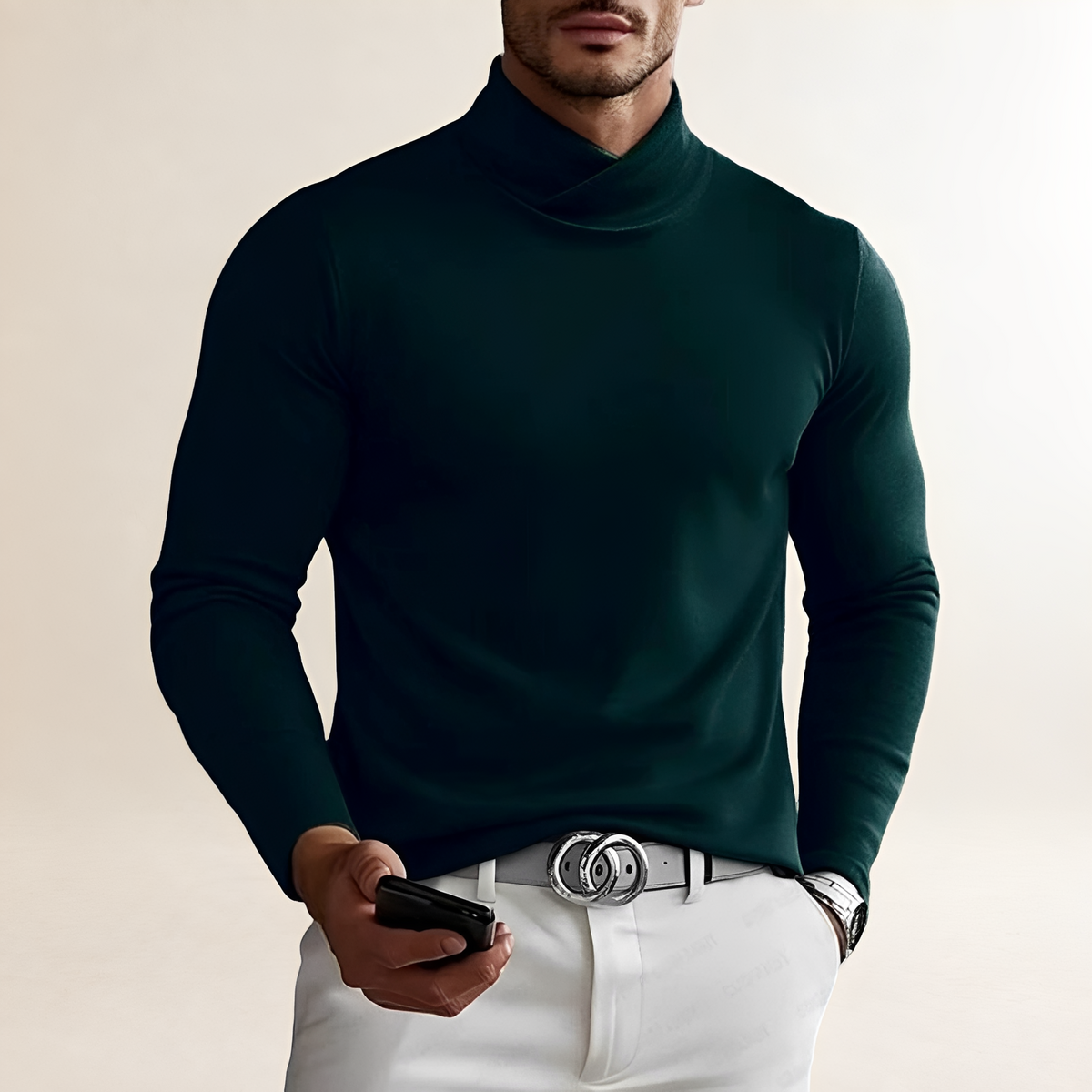 Camisa de manga larga para hombre con cuello tortuga y diseño cruzado ajustado