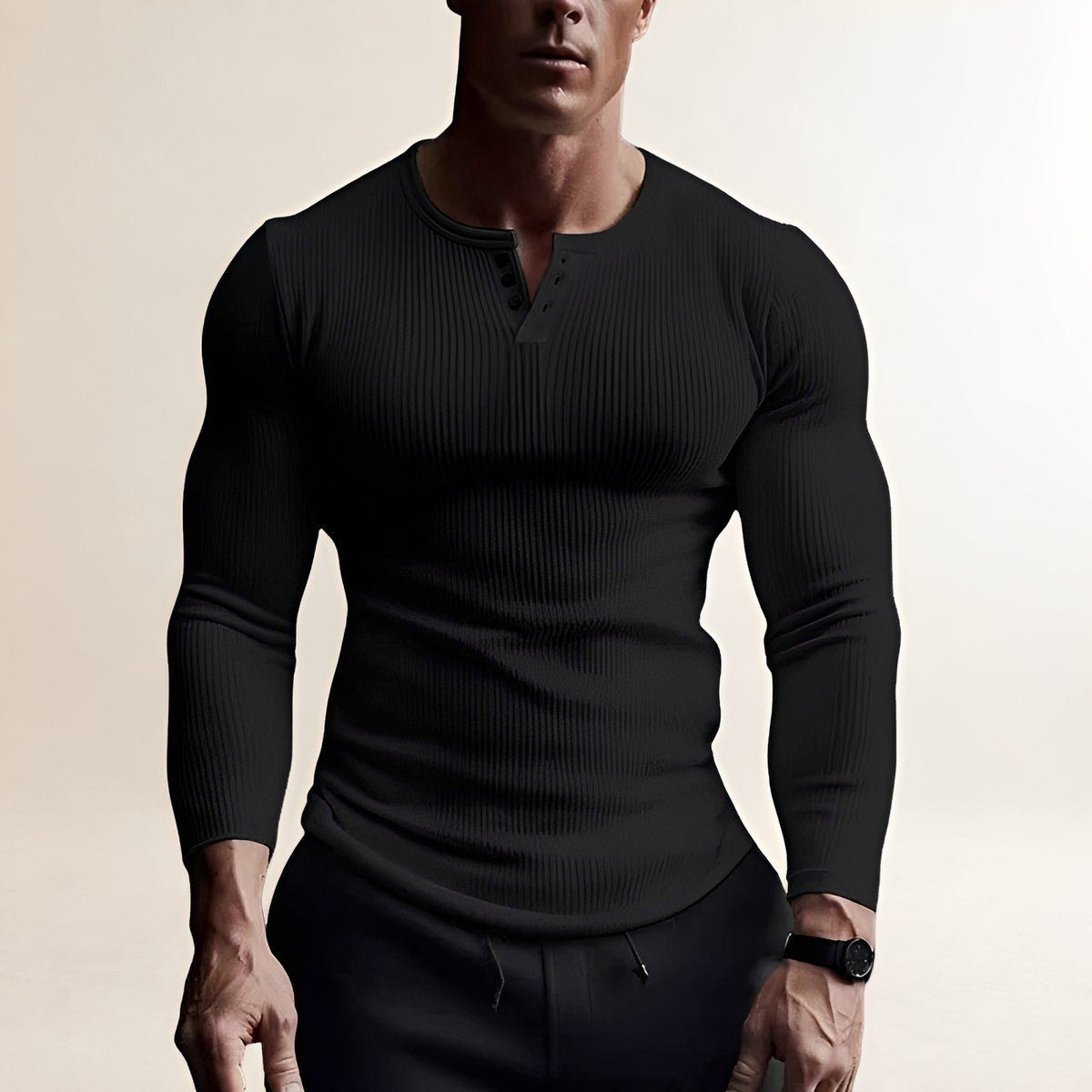 Camisa de manga larga para hombre con cuello redondo y cierre de botones, ajuste delgado, textura acanalada