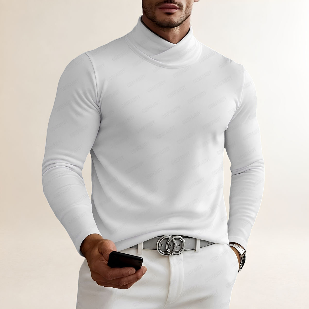 Camisa de manga larga para hombre con cuello tortuga y diseño cruzado ajustado