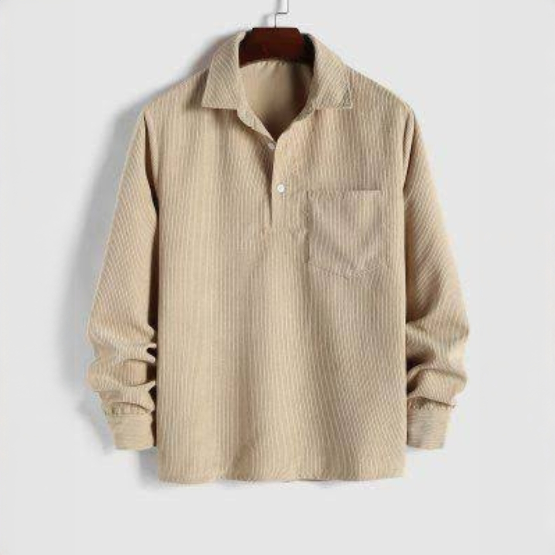 Camisa de manga larga para hombre con cuello puntiagudo y placket corto – sisa relajada, bolsillo en pechera
