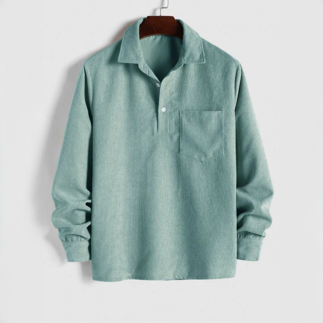Camisa de manga larga para hombre con cuello puntiagudo y placket corto – sisa relajada, bolsillo en pechera