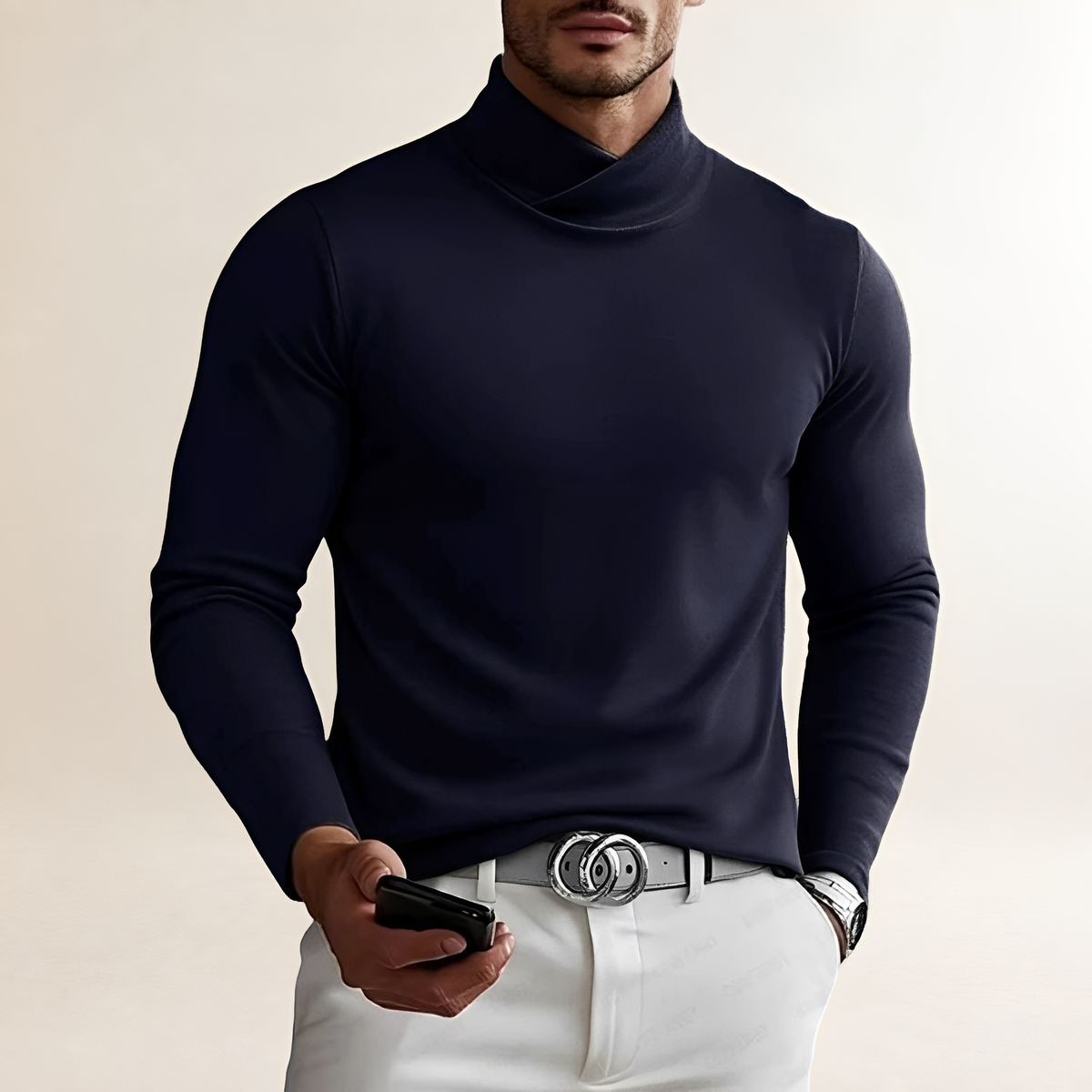 Camisa de manga larga para hombre con cuello tortuga y diseño cruzado ajustado