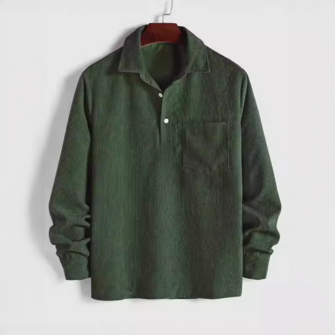 Camisa de manga larga para hombre con cuello puntiagudo y placket corto – sisa relajada, bolsillo en pechera