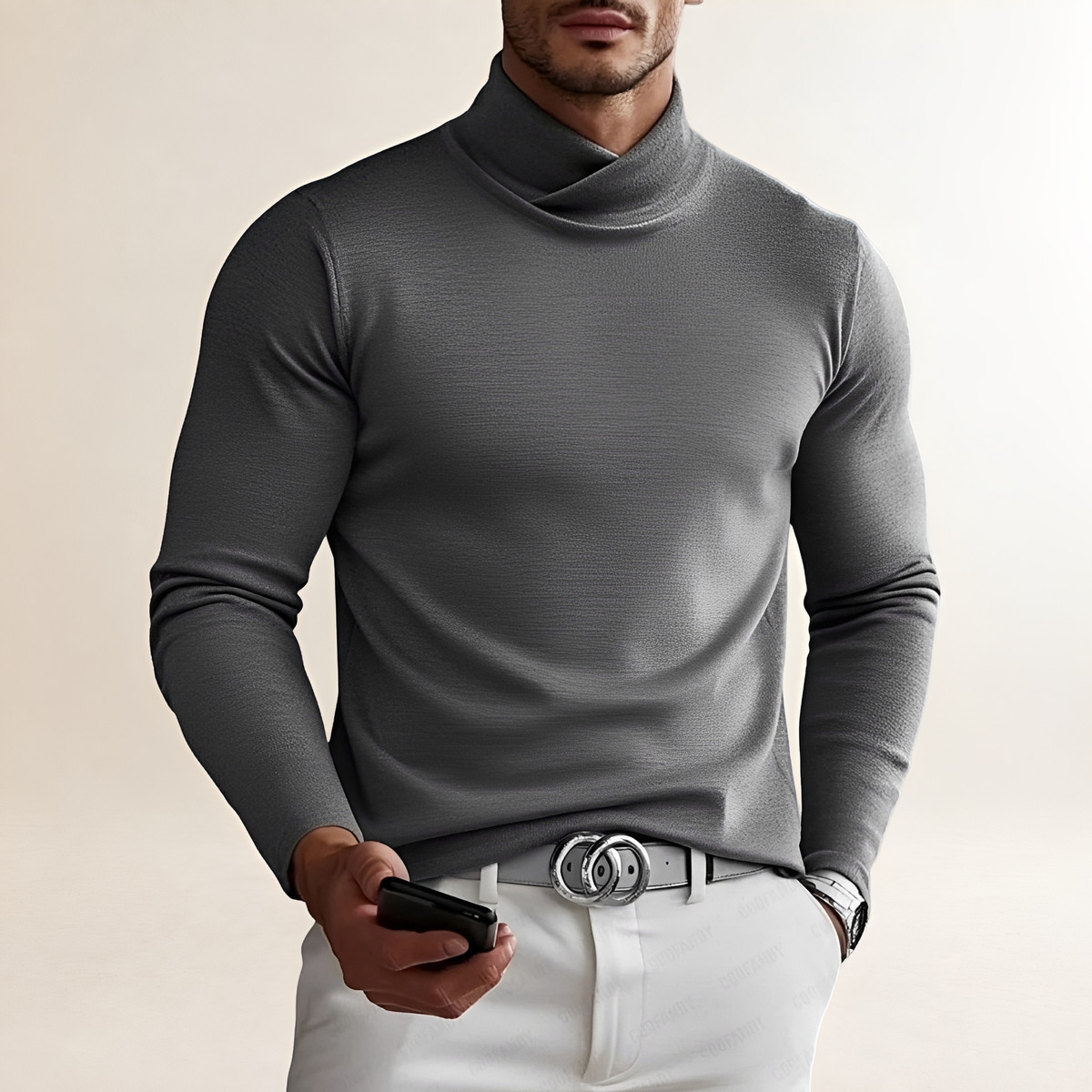 Camisa de manga larga para hombre con cuello tortuga y diseño cruzado ajustado