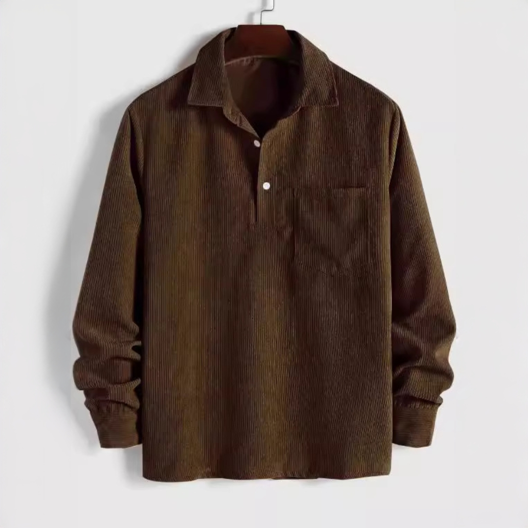 Camisa de manga larga para hombre con cuello puntiagudo y placket corto – sisa relajada, bolsillo en pechera