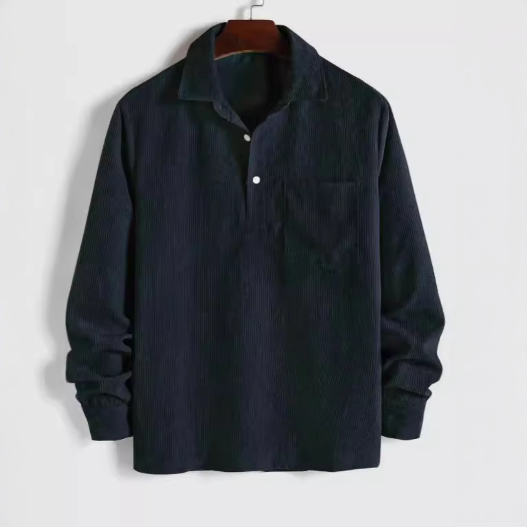 Camisa de manga larga para hombre con cuello puntiagudo y placket corto – sisa relajada, bolsillo en pechera