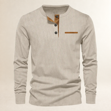 Camisa de manga larga para hombre de cuello redondo con botones, textura acanalada y corte ajustado