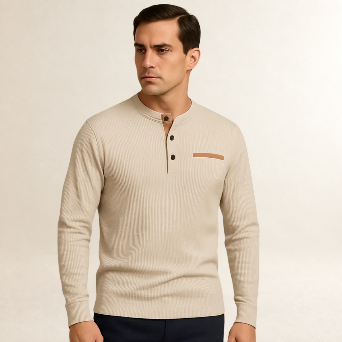 Camisa de manga larga para hombre de cuello redondo con botones, textura acanalada y corte ajustado