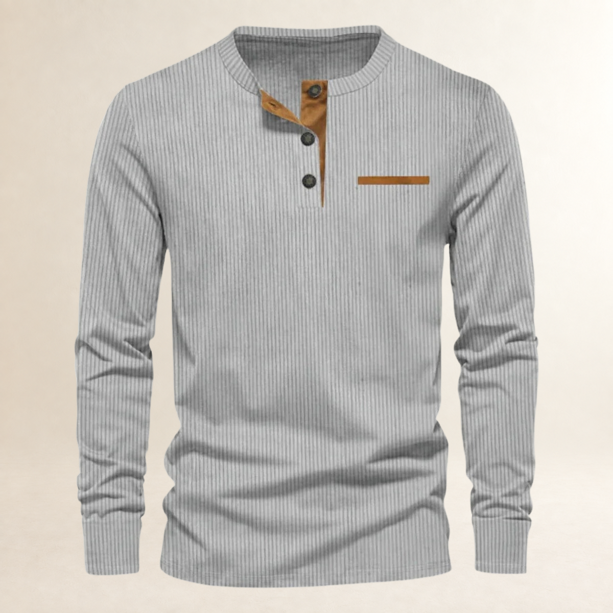 Camisa de manga larga para hombre de cuello redondo con botones, textura acanalada y corte ajustado