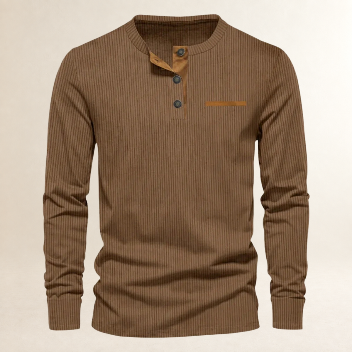 Camisa de manga larga para hombre de cuello redondo con botones, textura acanalada y corte ajustado