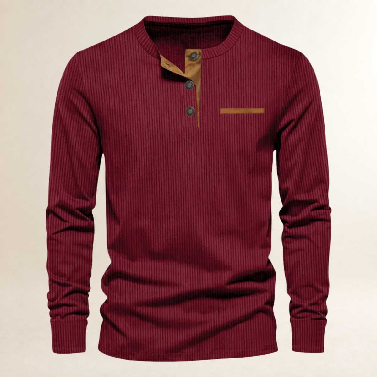 Camisa de manga larga para hombre de cuello redondo con botones, textura acanalada y corte ajustado