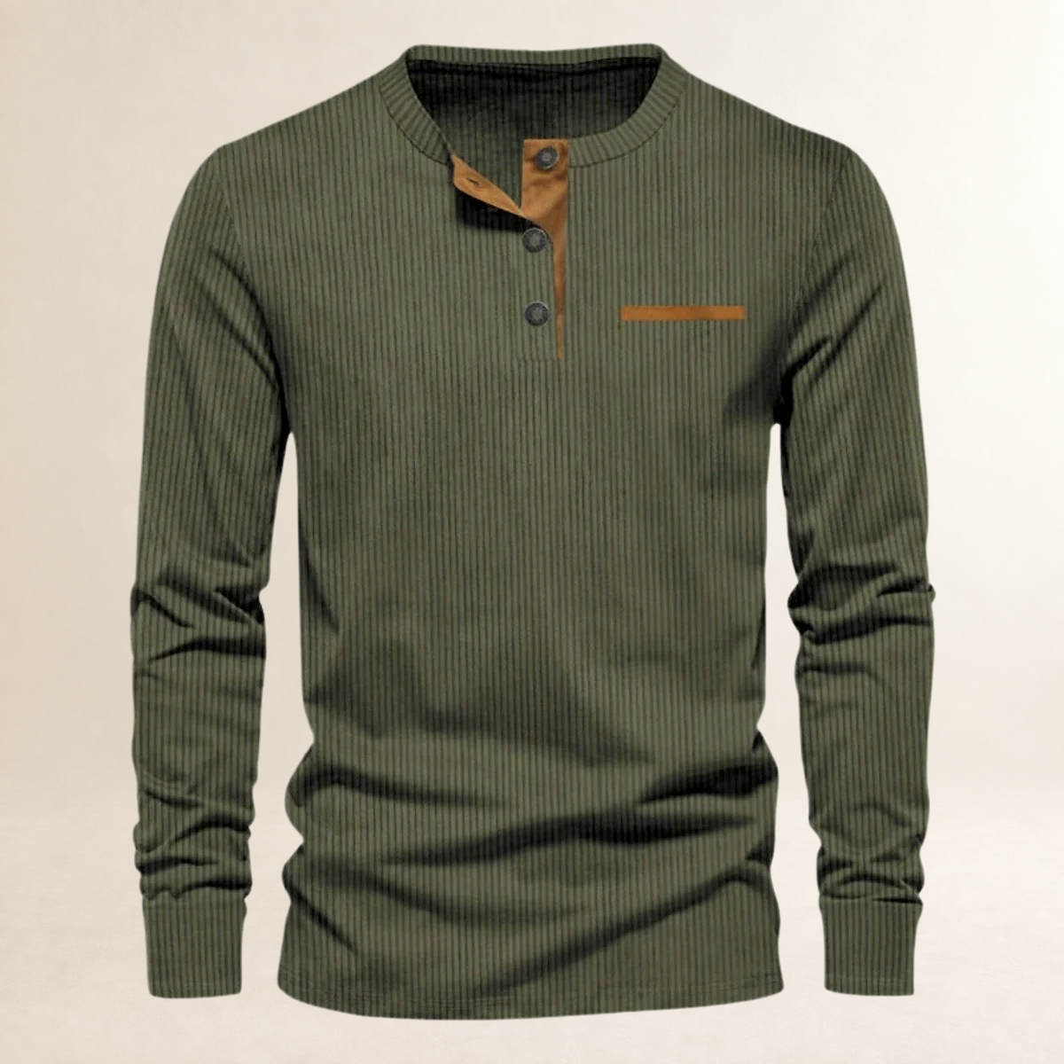 Camisa de manga larga para hombre de cuello redondo con botones, textura acanalada y corte ajustado