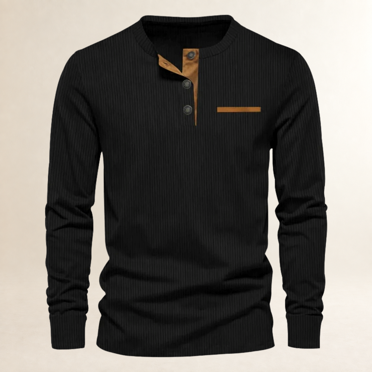 Camisa de manga larga para hombre de cuello redondo con botones, textura acanalada y corte ajustado