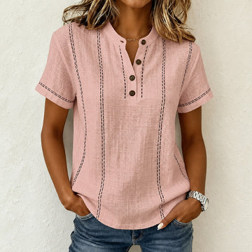 Camisa de mujer con cuello banda y abertura frontal de 4 botones, paneles de costuras verticales, silueta recta relajada