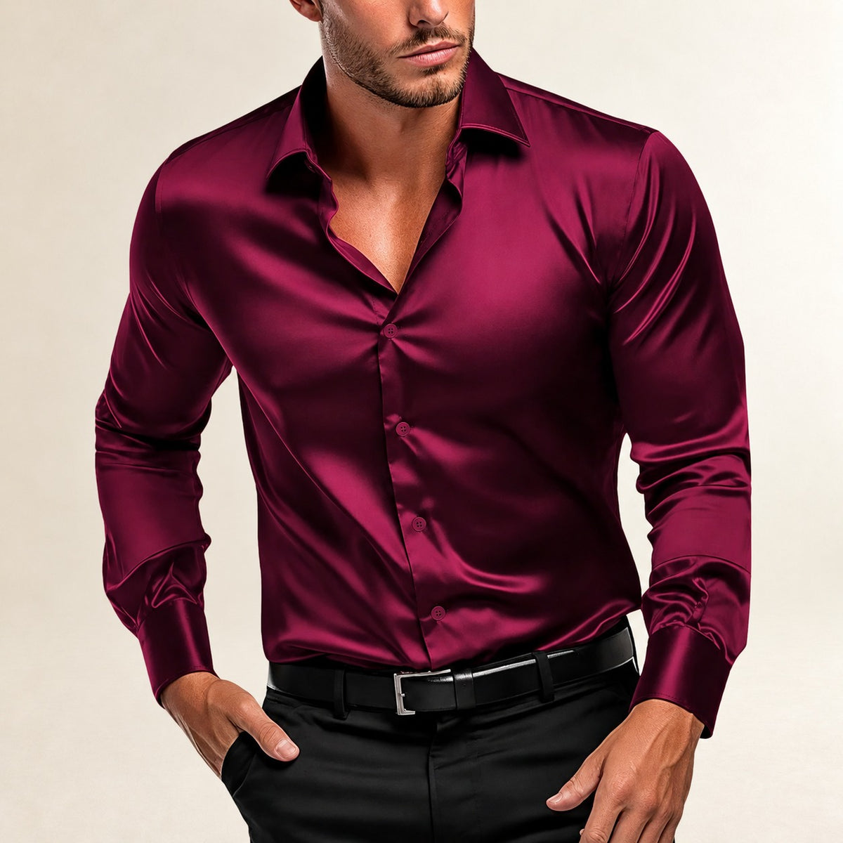 Camisa de vestir Hombre con cuello italiano, manga larga, frente abotonada, slim fit