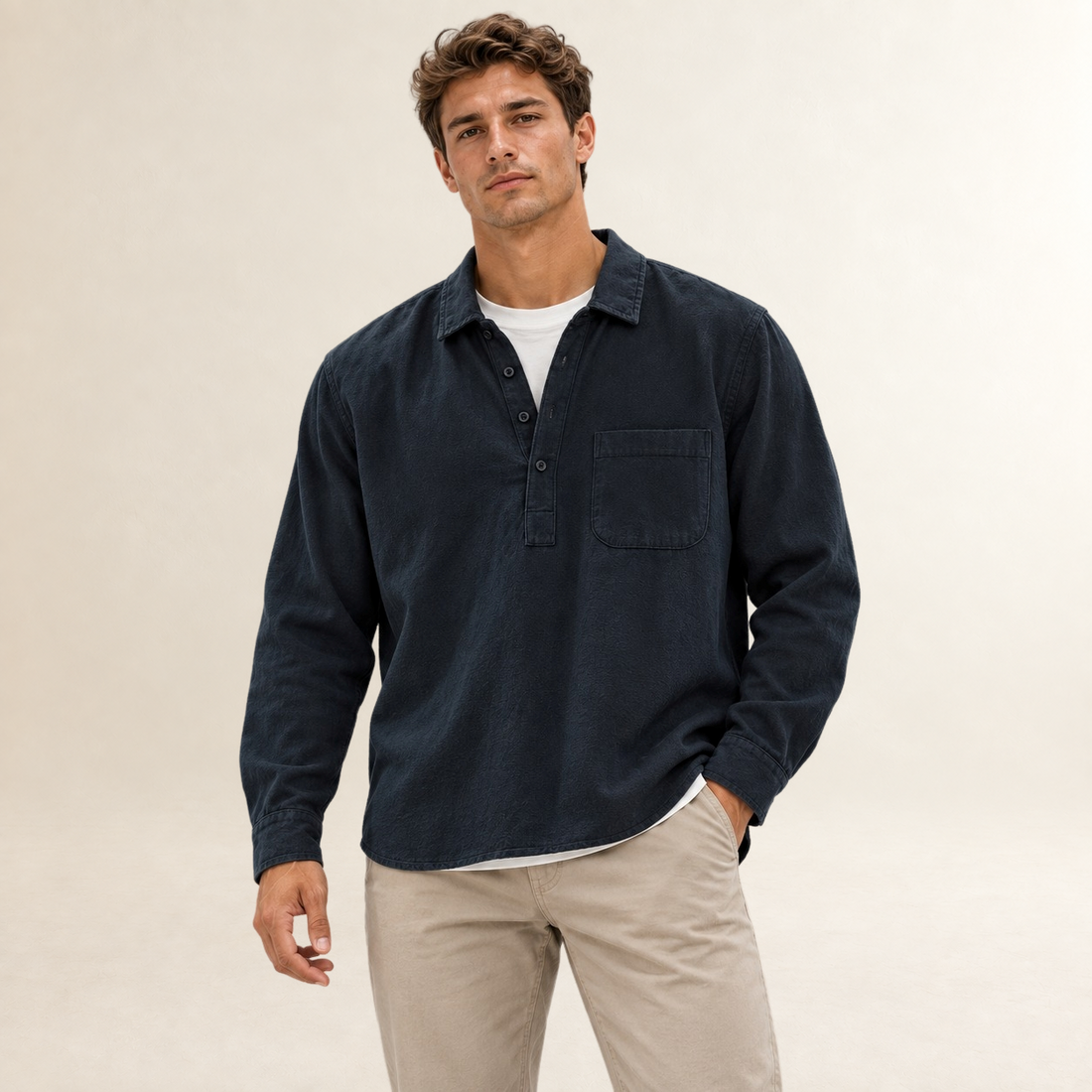 Camisa de vestir para hombre de manga larga con botonadura y bolsillo en el pecho