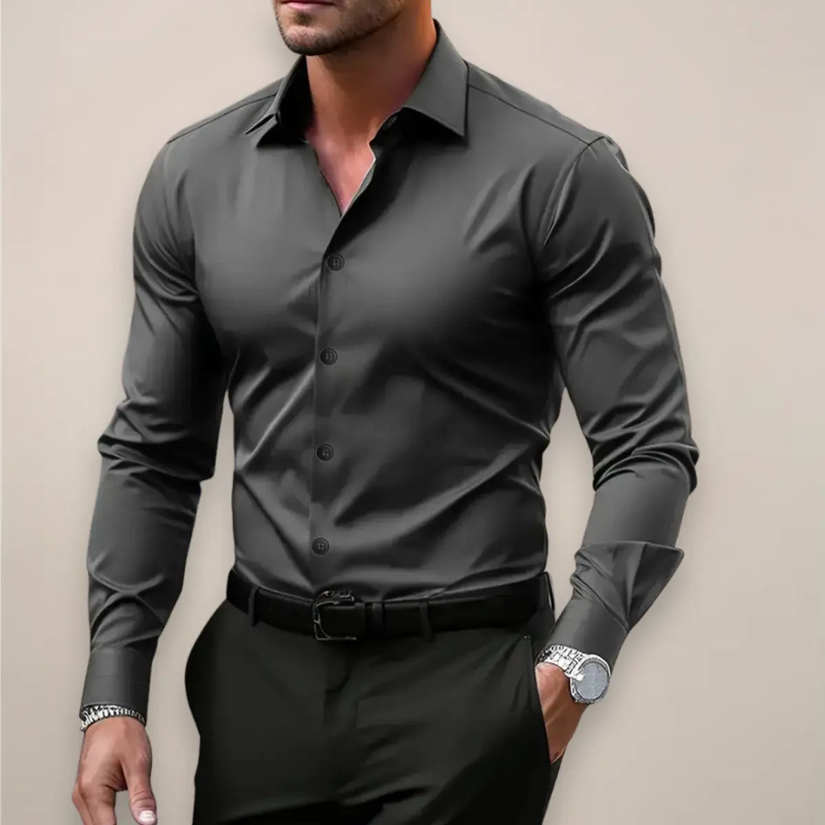 Camisa de vestir para hombre de manga larga con cierre de botones y corte slim