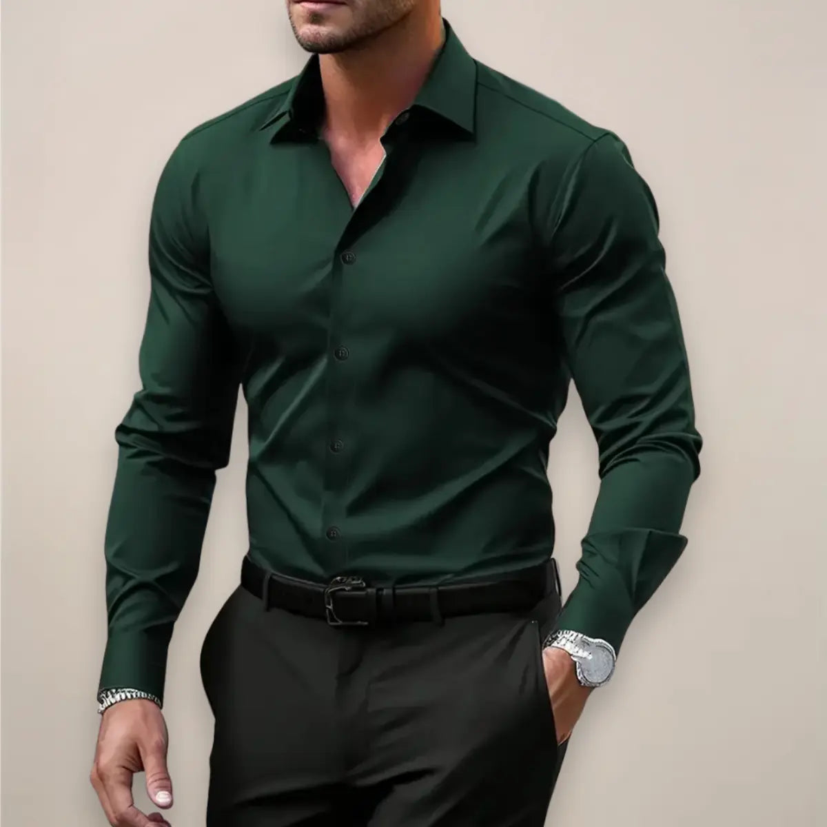 Camisa de vestir para hombre de manga larga con cierre de botones y corte slim
