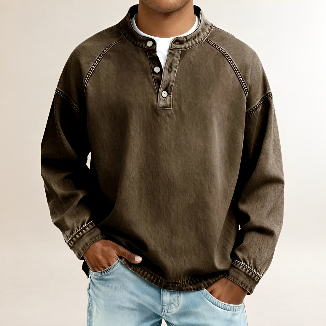 Camisa Henley de manga larga para hombre con cuello banda y apertura de tres botones - mangas raglán, corte relajado, lavado vintage