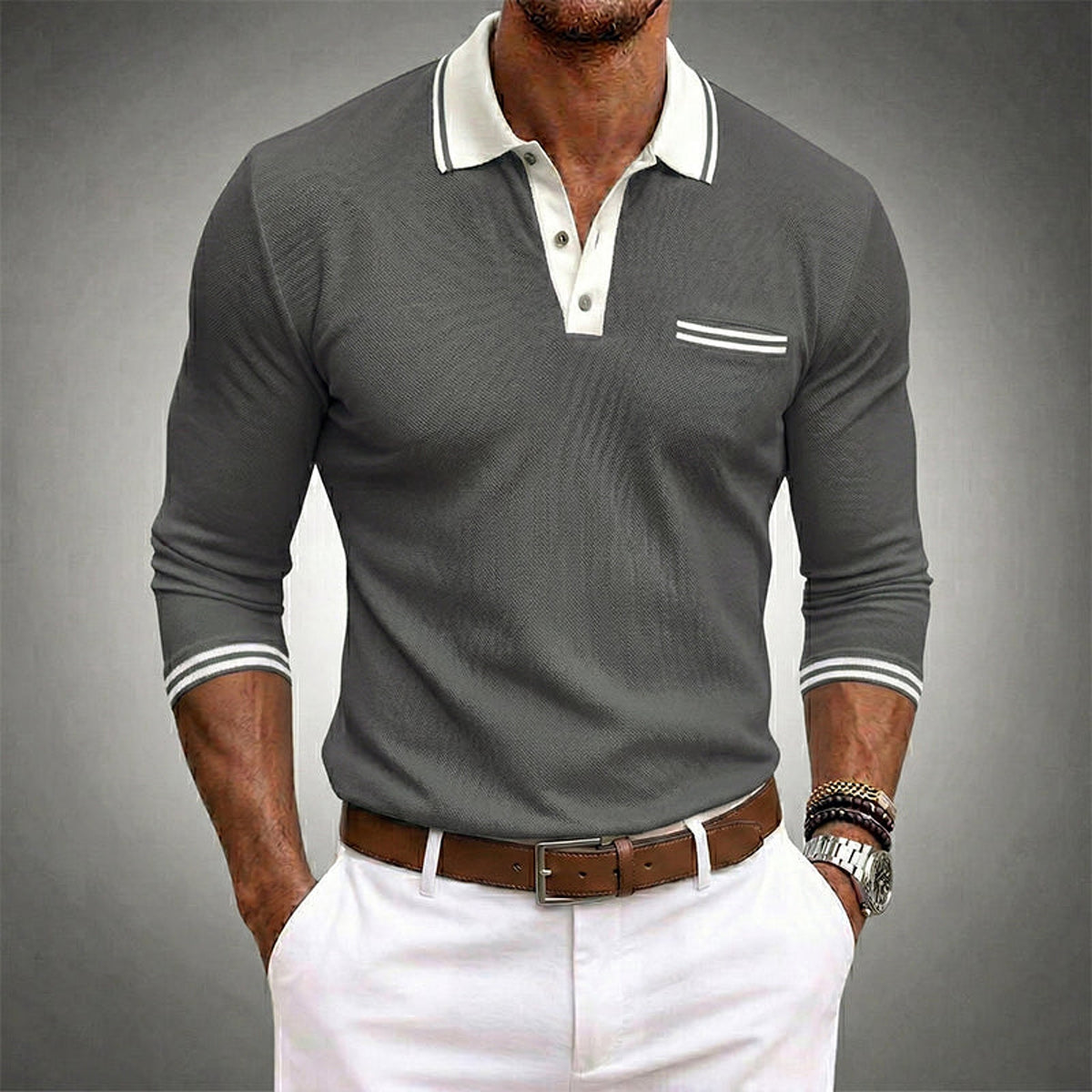 Camisa polo de manga larga para hombre con contraste y bolsillo en el pecho