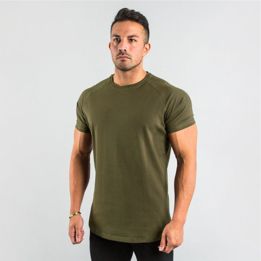 Camiseta de hombre de cuello redondo con manga raglán - manga corta, fit ajustado, dobladillo curvo largo