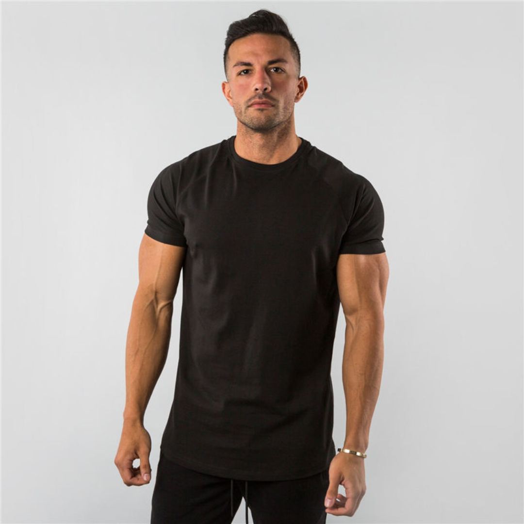 Camiseta de hombre de cuello redondo con manga raglán - manga corta, fit ajustado, dobladillo curvo largo