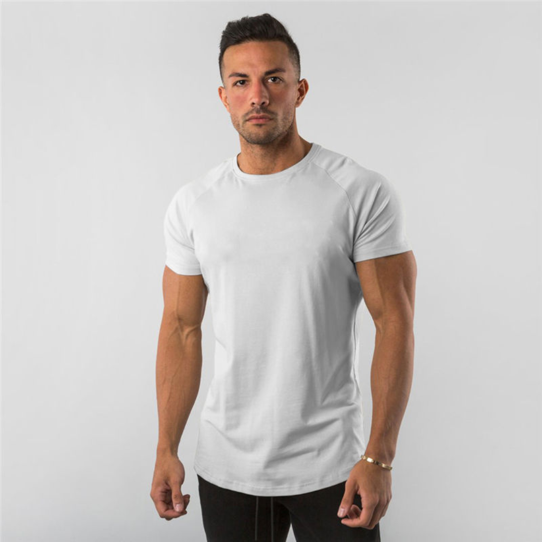 Camiseta de hombre de cuello redondo con manga raglán - manga corta, fit ajustado, dobladillo curvo largo