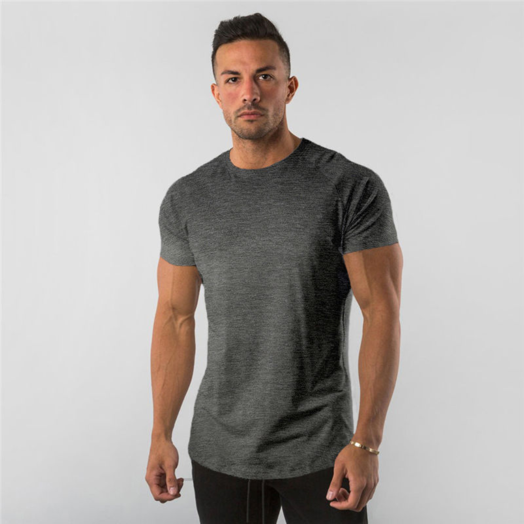 Camiseta de hombre de cuello redondo con manga raglán - manga corta, fit ajustado, dobladillo curvo largo