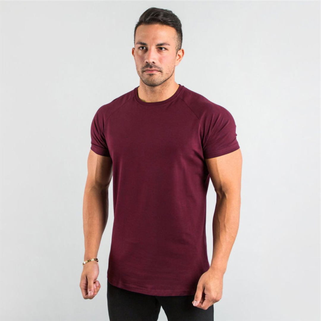 Camiseta de hombre de cuello redondo con manga raglán - manga corta, fit ajustado, dobladillo curvo largo