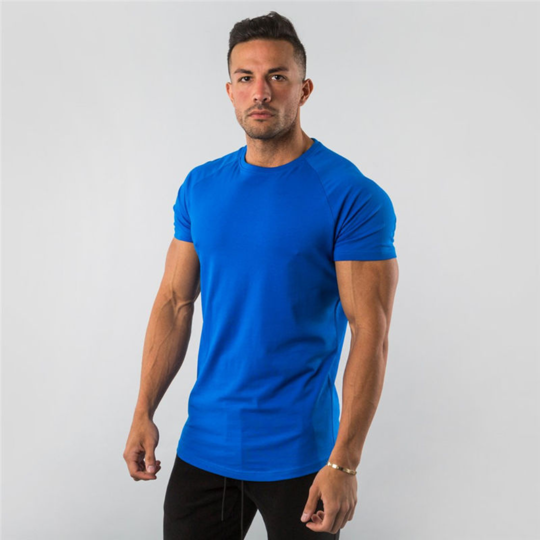 Camiseta de hombre de cuello redondo con manga raglán - manga corta, fit ajustado, dobladillo curvo largo