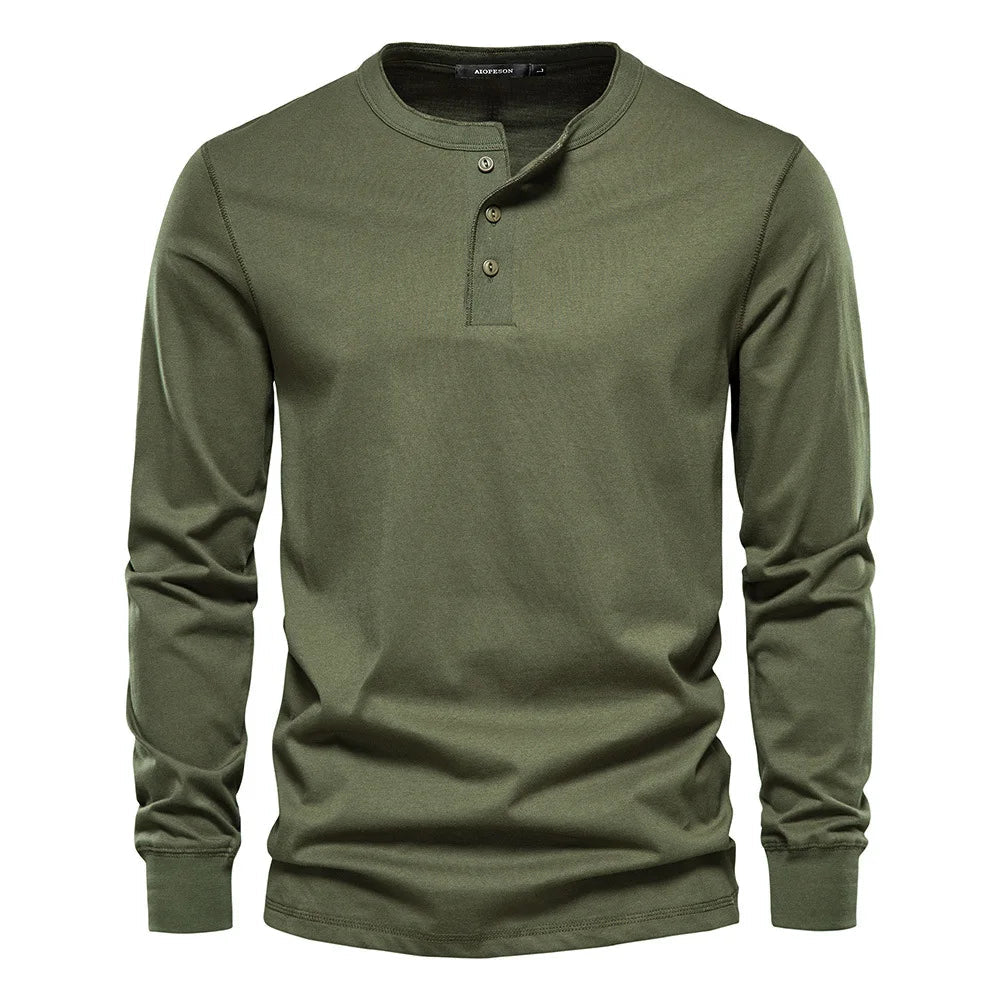 Camiseta de manga larga para hombre con cuello de botones y corte regular