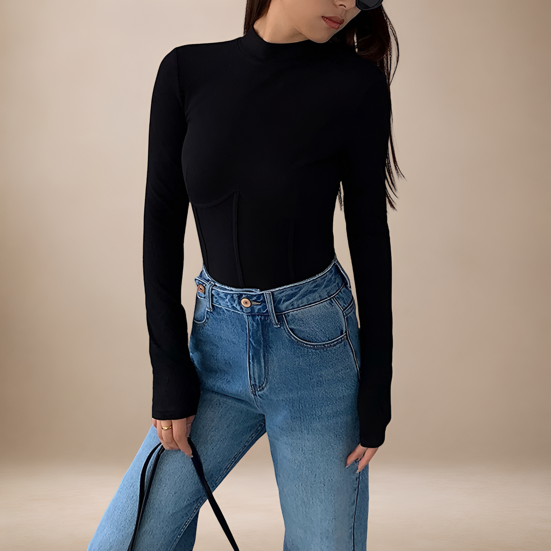Camiseta de manga larga para mujer con cuello alto ajustado y diseño corsé