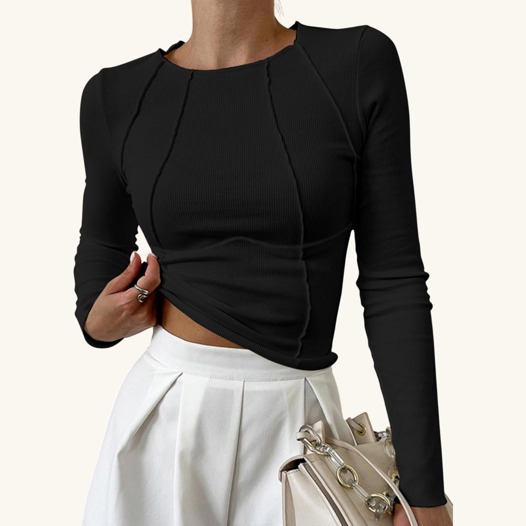Camiseta de manga larga para mujer con cuello redondo ajustada textura acanalada