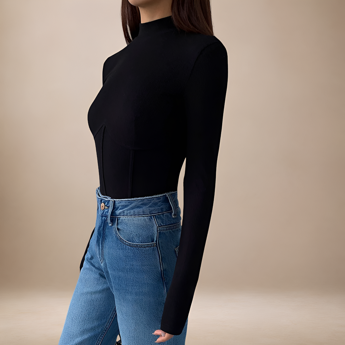 Camiseta de manga larga para mujer con cuello alto ajustado y diseño corsé